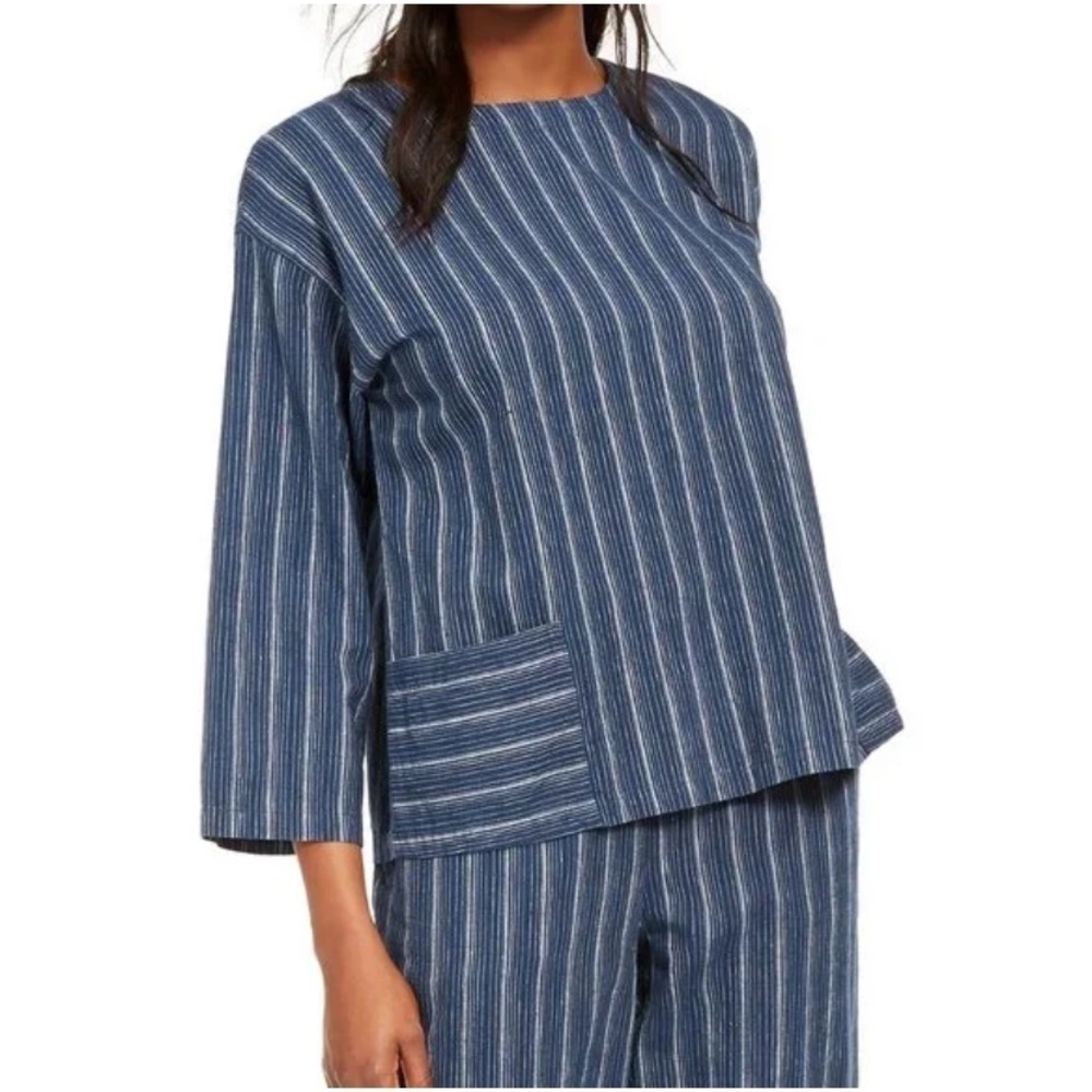 EILEEN FISHER Top PP Hemp Organic Cotton Striped Boxy Short Sleeve Blue